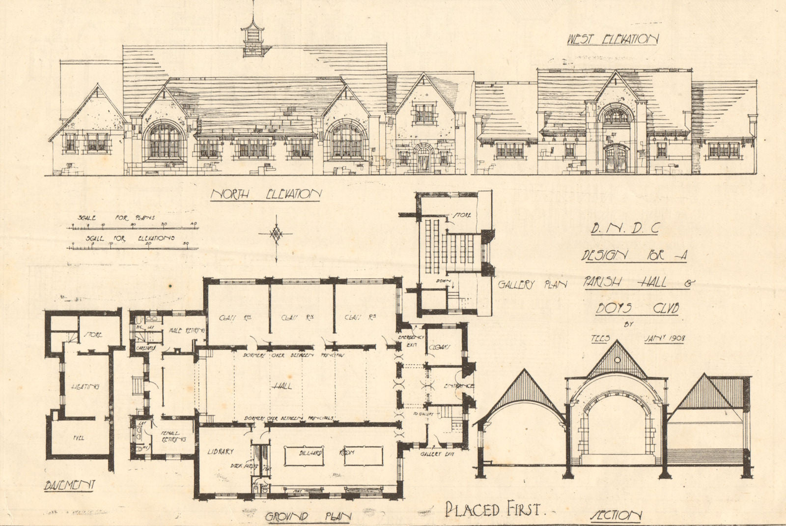 Design for a Parish Hall & boys club by Tees. Plans, elevations, section 1908